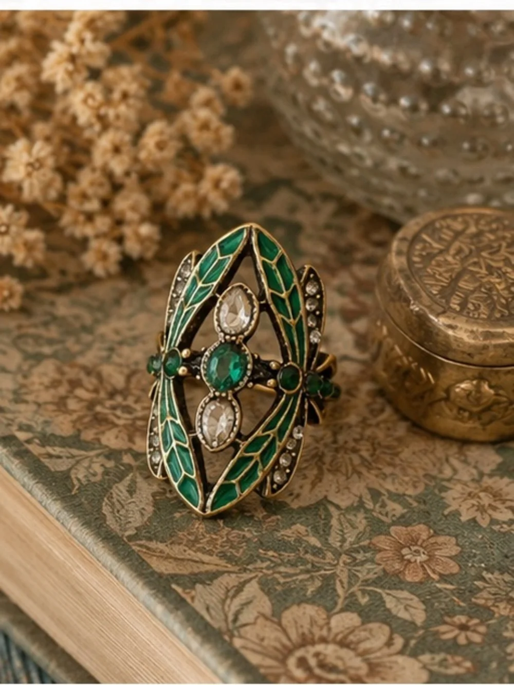 Vintage Boho Emerald Green Enamel Crystal Statement Cocktail Ring
